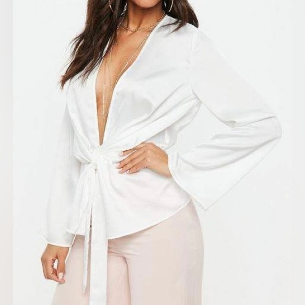 Missguided white satin drape plunge blouse - US 8